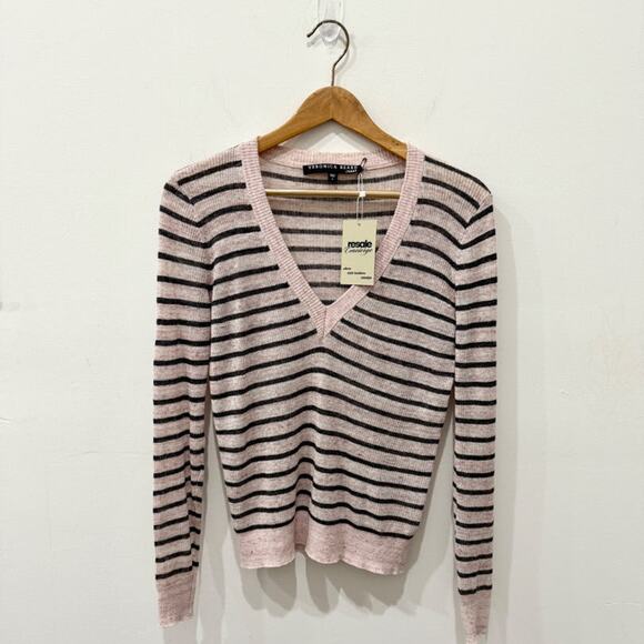 Veronica Beard Dean Striped Linen Blend V-Neck Sweater Pink/Black Women's Size S - Picture 3 of 6